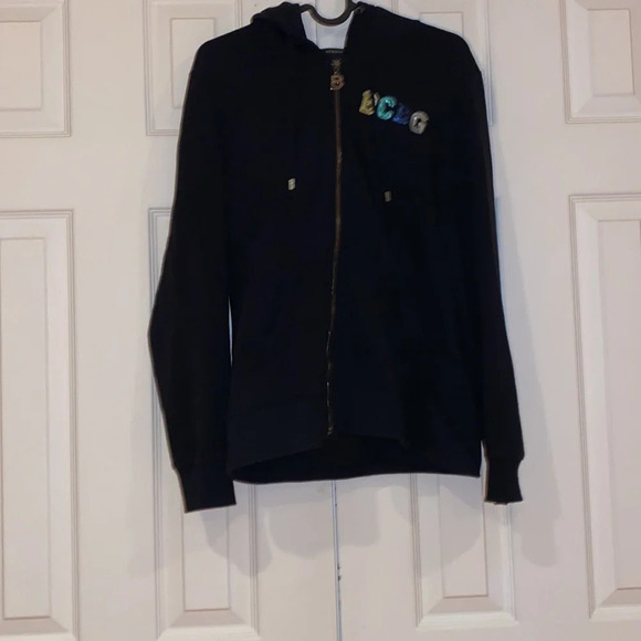 BCBG Maxazria  rhinestone logo black hoodie sweater Sz L - Picture 14 of 15